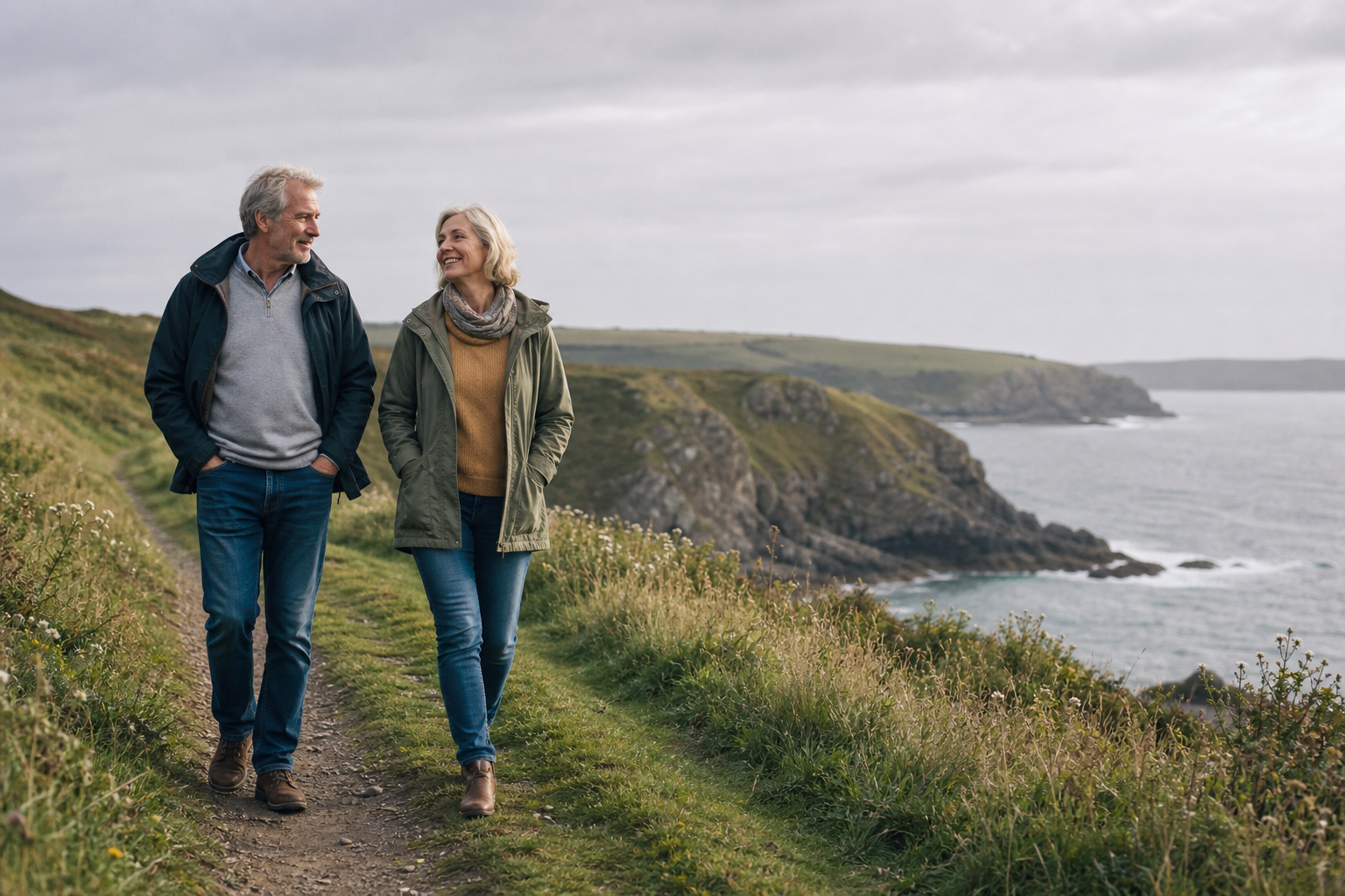 A couple walking a quiet UK coastal path, illustrating a modest retirement lifestyle